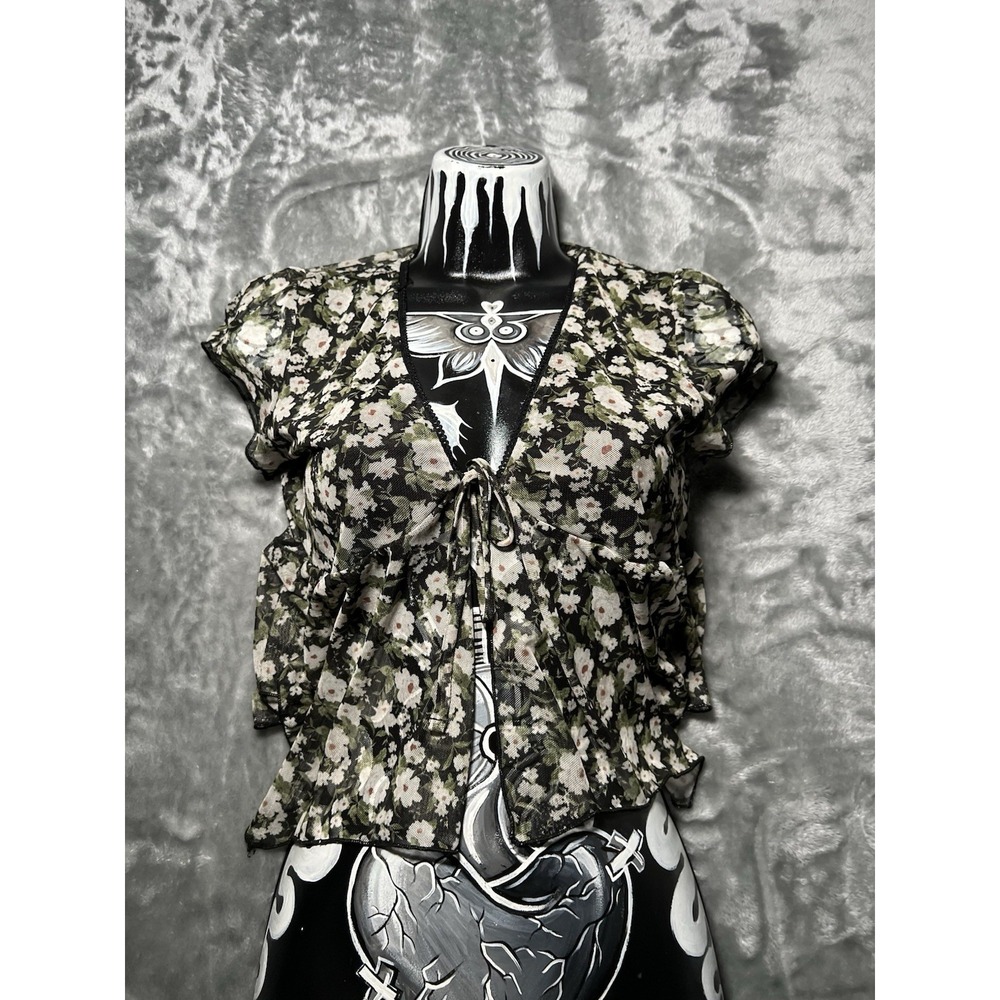 Full Tilt Blouse Women Size Medium Floral Crop Top Sheer Y2K Tye Up